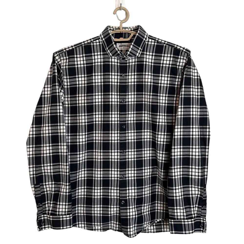 Express Shirt Mens XL Plaid Black White Button Up Fitted Cotton Preppy Classic